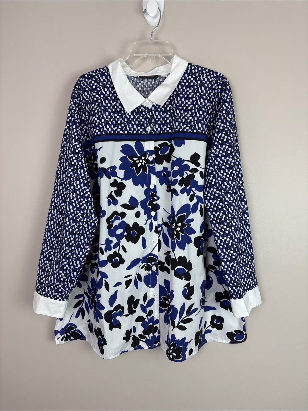 Bob Mackie Wearable Art Blue Floral Contrast-Panel Dress White Collar 3X Cotton